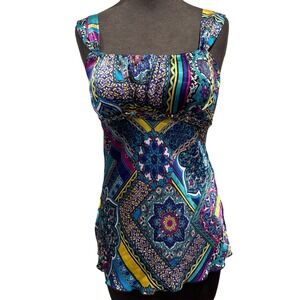 B-Wear Bye r Women Small Babydoll Blue Boho Paisley Chain‎ Accent Top Y2K
